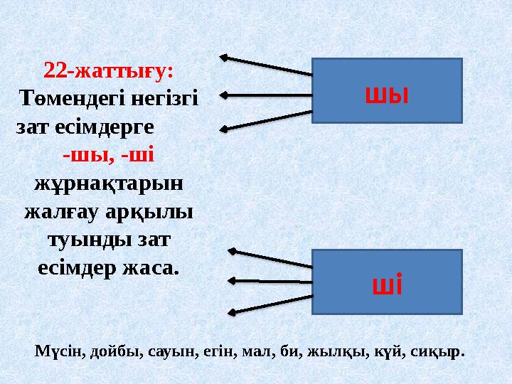 шы ші22-жаттығу: Төмендегі негізгі зат есімдерге -шы, -ші жұрнақтарын жалғау арқылы туынды зат есімдер жаса. Мүсі