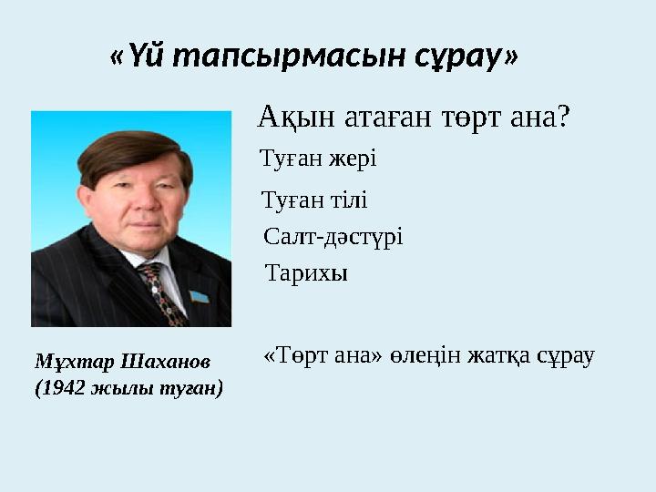 «Үй тапсырмасын сұрау» Мұхтар Шаханов (1942 жылы туған) Ақын атаған төрт ана? Туған жері Туған тілі Салт-дәстүрі Тарихы «Төр