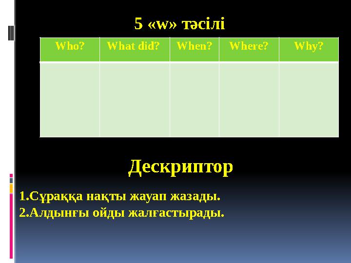 Who? What did? When? Where? Why? 5 «w» тәсілі Дескриптор 1.Сұраққа нақты жауап жазады. 2.Алдынғы ойды жалғастырады.