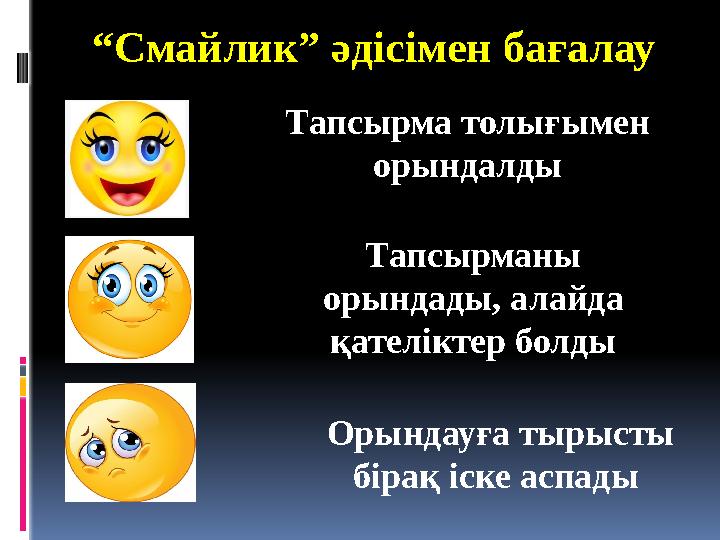 “ Смайлик” әдісімен бағалау Тапсырма толығымен орындалды Тапсырманы орындады, алайда қателіктер болды Орындауға тырысты бі