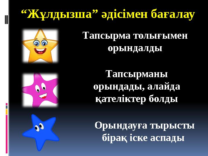 “ Жұлдызша” әдісімен бағалау Тапсырма толығымен орындалды Тапсырманы орындады, алайда қателіктер болды Орындауға тырысты б