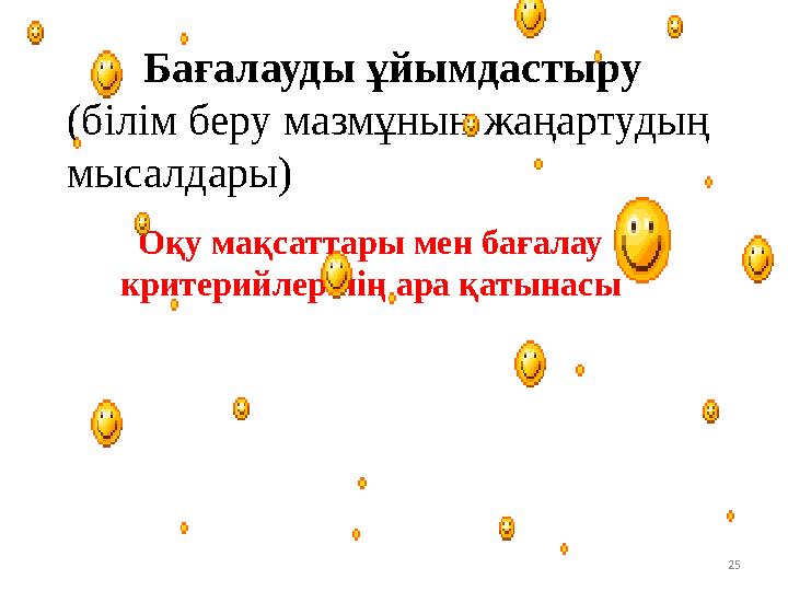25 Бағалауды ұйымдастыру (білім беру мазмұнын жаңартудың мысалдары) Оқу мақсаттары мен бағалау критерийлерінің ара қат