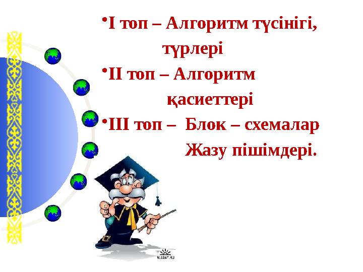 • І топ – Алгоритм түсінігі, түрлері • ІІ топ – Алгоритм қасиеттері • ІІІ топ – Блок – схемалар