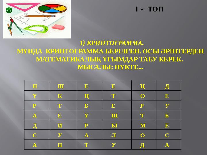 І - ТОП 1) КРИПТОГРАММА. МҰНДА КРИПТОГРАММА БЕРІЛГЕН. ОСЫ ӘРІПТЕРДЕН МАТЕМАТИКАЛЫҚ ҰҒЫ