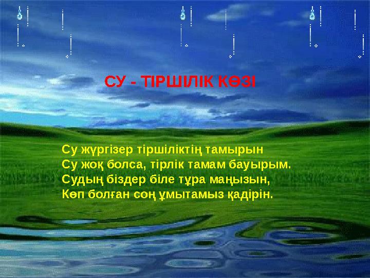 СУ - ТІРШІЛІК КӨЗІ Су жүргізер тіршіліктің тамырын Су жоқ болса, тірлік тамам бауырым. Судың біздер біле тұра маңызын, Көп болға