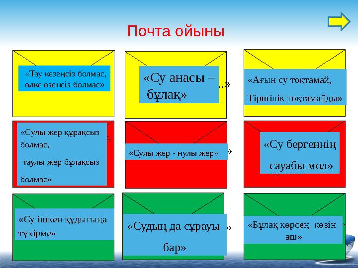 Почта ойыны «Тау кезеңсіз болмас, өлке ... болмас» «...жер құрақсыз болмас, таулы жер бұлақсыз болмас» «Су анасы - ...»