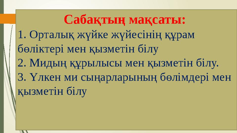 Сабақтың мақсаты: 1. Орталық жүйке жүйесінің құрам бөліктері мен қызметін білу 2. Мидың құрылысы мен қызметін білу. 3. Үлкен м