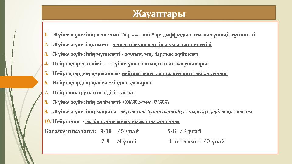 Жауаптары 1. Жүйке жүйесінің неше типі бар - 4 типі бар: диффузды,сатылы,түйінді, түтікшелі 2. Жүйке жүйесі қызметі – денедегі