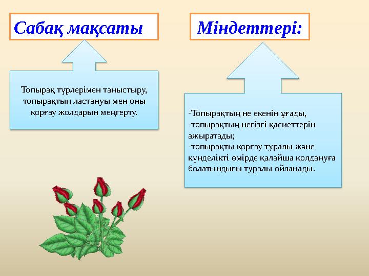 Сабақ мақсаты Міндеттері: Топырақ түрлерімен таныстыру, то пырақтың ластануы мен оны қорғау жолдарын меңгерту. - Топыр