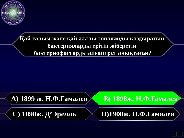 Қай ғалым және қай жылы топалаңды қоздыратын бактерияларды ерітіп жіберетін бактериофагтарды алғаш рет анықтаған? A) 1899 ж.