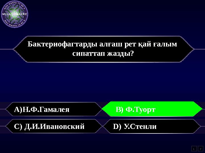 Бактериофагтарды алғаш рет қай ғалым сипаттап жазды? A) Н.Ф.Гамалея B) Ф.Туорт C) Д.И.Ивановский D) У.Стенли LB) Ф.Туорт F