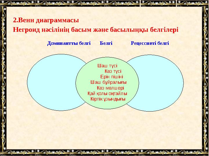 2.Венн диаграммасы Негроид нәсілінің басым және басылыңқы белгілері Доминантты белгі Белгі