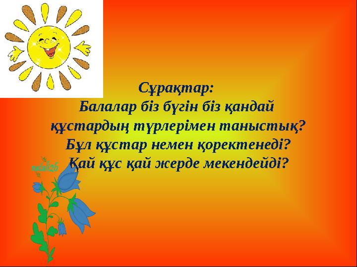 Сұрақтар: Балалар біз бүгін біз қандай құстардың түрлерімен таныстық? Бұл құстар немен қоректенеді? Қай құс қай жерде мекендей