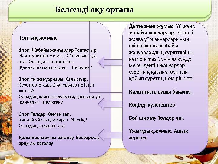 Топтық жұмыс 1 топ. Жабайы жануарлар.Топтастыр. Фотосуреттерге қара . Жануарларды ата. Оларды топтарға бөл. Қандай топта