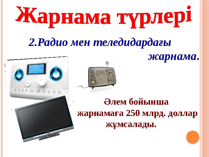 2.Радио мен теледидардағы жарнама . Әлем бойынша жарнамаға 250 млрд. доллар