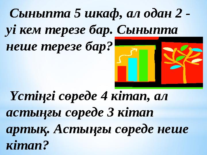Сыныпта 5 шкаф, ал одан 2 - уі кем терезе бар. Сыныпта неше терезе бар? Үстіңгі сөреде 4 кітап, ал астыңғы сөреде 3 кітап
