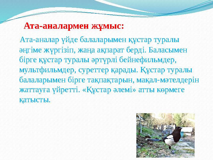 Ата-аналармен жұмыс: Ата-аналар үйде балаларымен құстар туралы әңгіме жүргізіп, жаңа ақпарат берді. Баласымен бірге