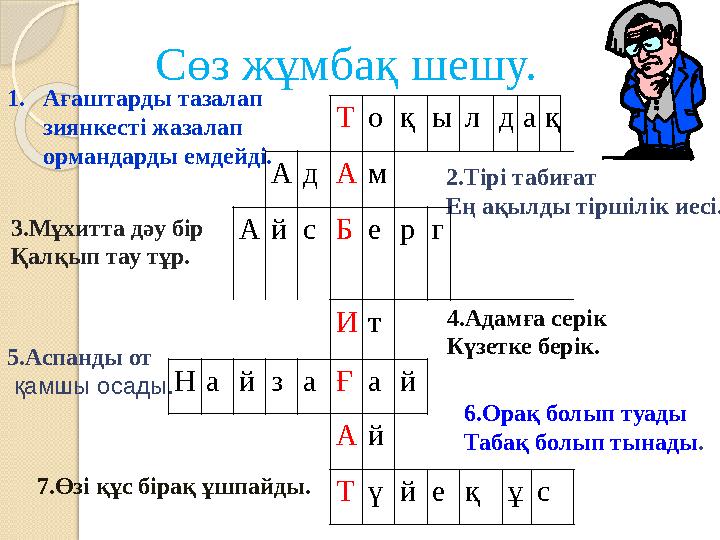 1. Ағаштарды тазалап зиянкесті жазалап ормандарды емдейді. 2.Тірі табиғат Ең ақылды тіршілік иесі. 3.Мұхитта дәу