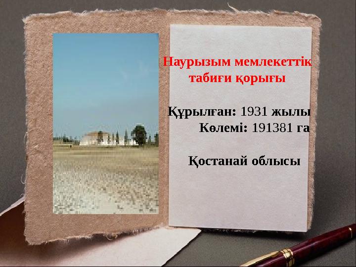 Наурызым мемлекеттік табиғи қорығы Құрылған : 1931 жылы Көлемі: 191381 га Қостанай облысы