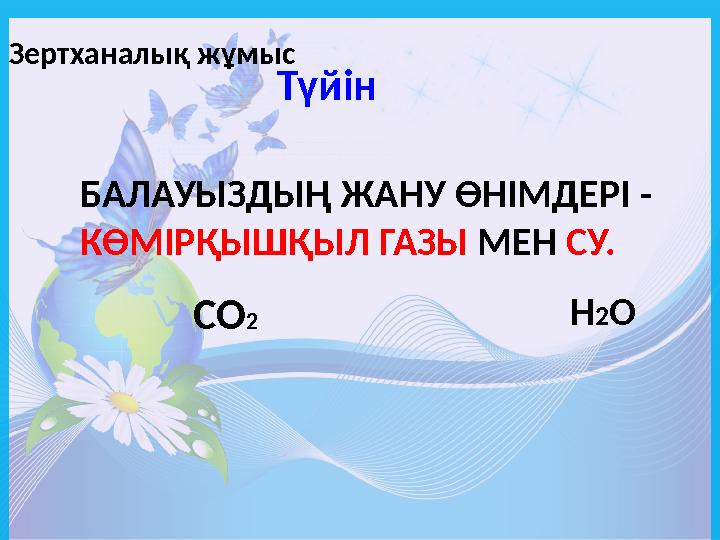 БАЛАУЫЗДЫҢ ЖАНУ ӨНІМДЕРІ - КӨМІРҚЫШҚЫЛ ГАЗЫ МЕН СУ.Түйін С О 2 Н 2 ОЗертханалық жұмыс