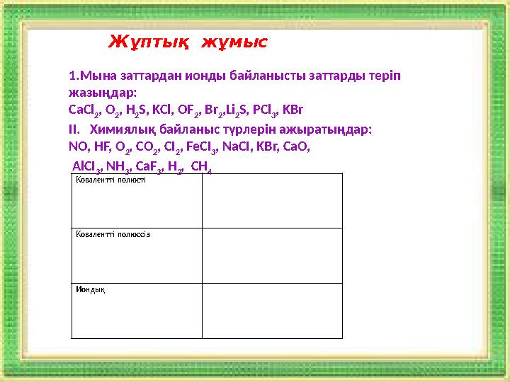 Жұптық жұмыс Ковалентті полюсті Ковалентті полюссіз Иондық1. Мына заттардан ионды байланысты заттарды теріп жазыңдар: Са Cl 2