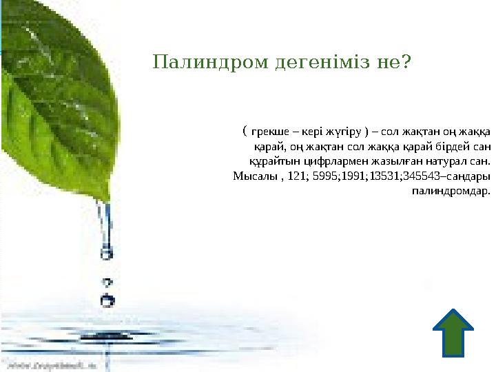Палиндром дегеніміз не? ( грекше – кері жүгіру ) – сол жақтан оң жаққа қарай, оң жақтан сол жаққа қарай бірдей сан құрайтын ц