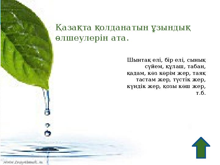 Қазақта қолданатын ұзындық өлшеулерін ата. Шынтақ елі, бір елі, сынық сүйем, құлаш, табан, қадам, көз көрім жер, таяқ тастам