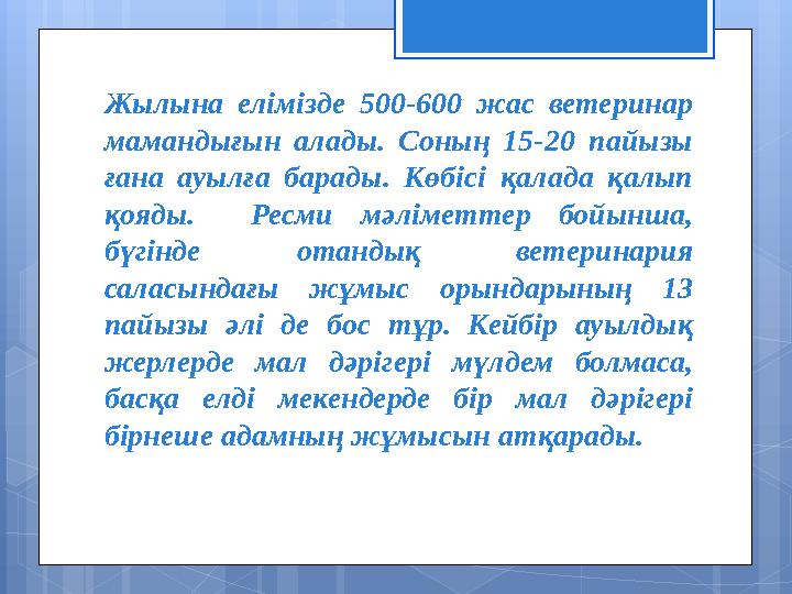 Жылына елімізде 500-600 жас ветеринар мамандығын алады. Соның 15-20 пайызы ғана ауылға барады. Көбісі қалада қалы