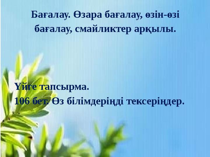 Бағалау. Өзара бағалау, өзін-өзі бағалау, смайликтер арқылы. Үйге тапсырма. 106 бет. Өз білімдеріңді тексеріңдер.