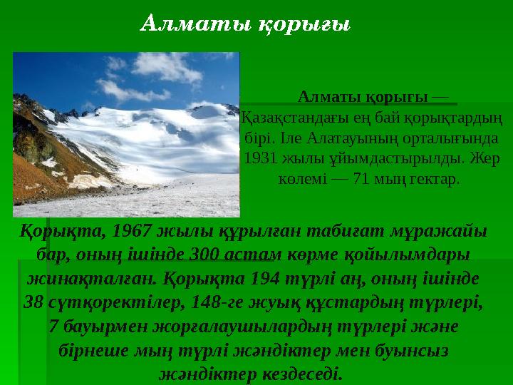 Алматы қорығы — Қазақстандағы ең бай қорықтардың бірі. Іле Алатауының орталығында 1931 жылы ұйымдастырылды. Ж