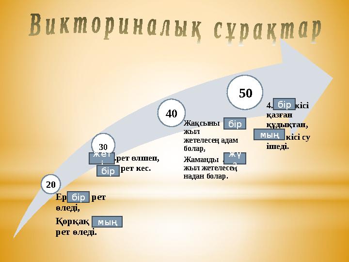 Ер … рет өледі, Қорқақ ... рет өледі. 4 . … кісі қазған құдықтан, … . кісі су ішеді.Жақсыны ...