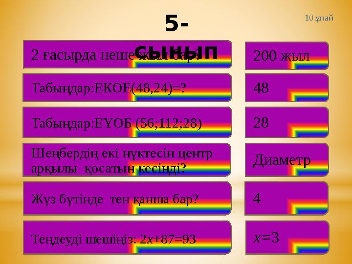 Табыңдар:ЕКОЕ(48,24)=? Табыңдар:ЕҮОБ (56;112;28) Шеңбердің екі нүктесін центр арқылы қосатын кесінді? Жүз бүтінде тен қанш