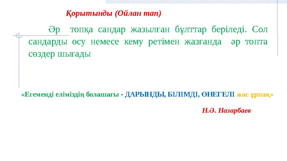 Қорытынды (Ойлан тап) Әр топқа сандар жазылған бұлттар беріледі. Сол сандарды өсу немесе