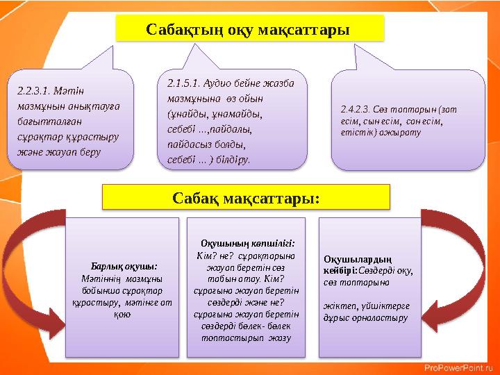 Сабақ мақсаттары:2.2.3.1. Мәтін мазмұнын анықтауға бағытталған сұрақтар құрастыру және жауап беру 2.1.5.1. Аудио