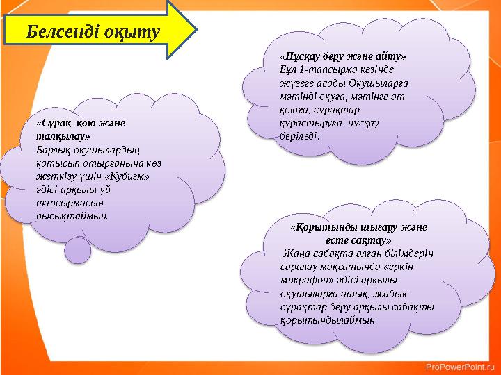 «Сұрақ қою және талқылау» Барлық оқушылардың қатысып отырғанына көз жеткізу үшін «Кубизм» әдісі арқылы үй тапсырмасын пыс