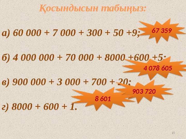 15Қосындысын табыңыз: а) 60 000 + 7 000 + 300 + 50 +9; б) 4 000 000 + 70 000 + 8000 +600 +5; в) 900 000 + 3 000 + 700 + 20; г) 8