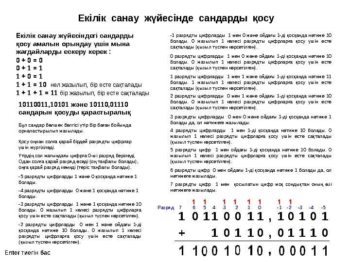 1 0 1 1 0 0 1 1 , 1 0 1 0 1 + 1 0 1 1 0 , 0 1 1 1 0Е кілік санау жүйесінде сандарды қосу Екілік санау жүйесіндегі сандар