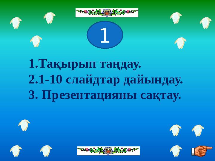 1.Тақырып таңдау. 2.1-10 слайдтар дайындау. 3. Презентацияны сақтау. 1