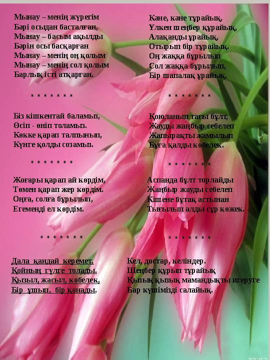 Мынау – менің жүрегім Бәрі осыдан басталған, Мынау – басым ақылды Бәрін осы басқарған Мынау – менің оң қолым Мынау – менің сол