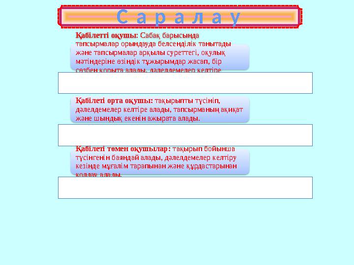 С а р а л а у Қабілетті оқушы : Сабақ барысында тапсырмалар орындауда белсенділік танытады және тапсырмала