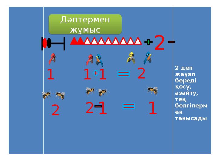 2 деп жауап береді қосу, азайту, тең белгілерм ен танысады2 1 1 1 2 2 2 1 1Дәптермен жұмыс