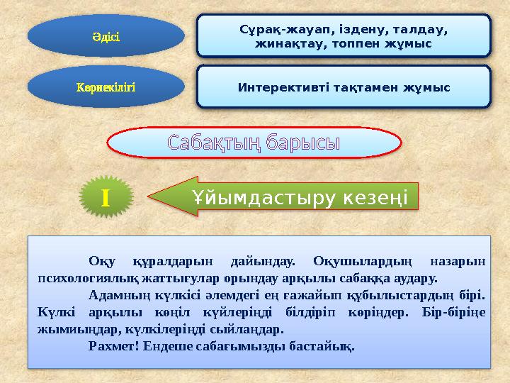 Сұрақ-жауап, іздену, талдау, жинақтау, топпен жұмысӘдісі Интерективті тақтамен жұмысКөрнекілігі Сабақтың барысы І Ұйымдастыру к