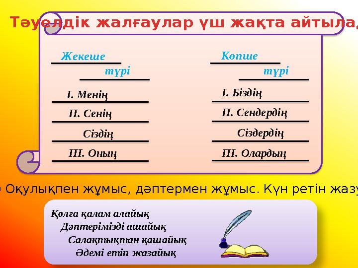 Тәуелдік жалғаулар үш жақта айтылады: Жекеше түрі Көпше түрі І. Менің І. Біздің ІІ. Сенің Сіздің ІІІ. Оның ІІ. Сендердің Сіздерд