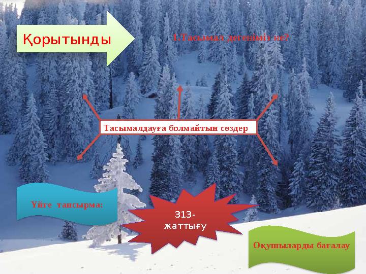 Қорытынды 1.Тасымал дегеніміз не? Тасымалдауға болмайтын сөздер 313- жаттығуҮйге тапсырма: Оқушыларды бағалау