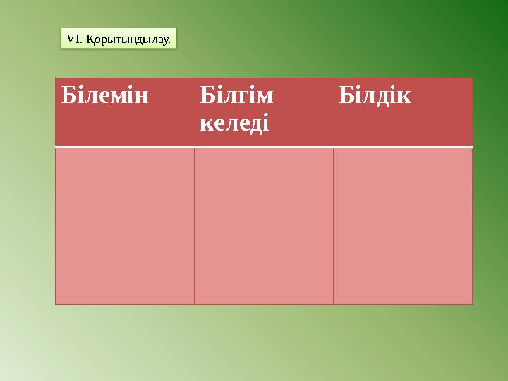 VI. Қорытындылау. Білемін Білгім келеді Білдік