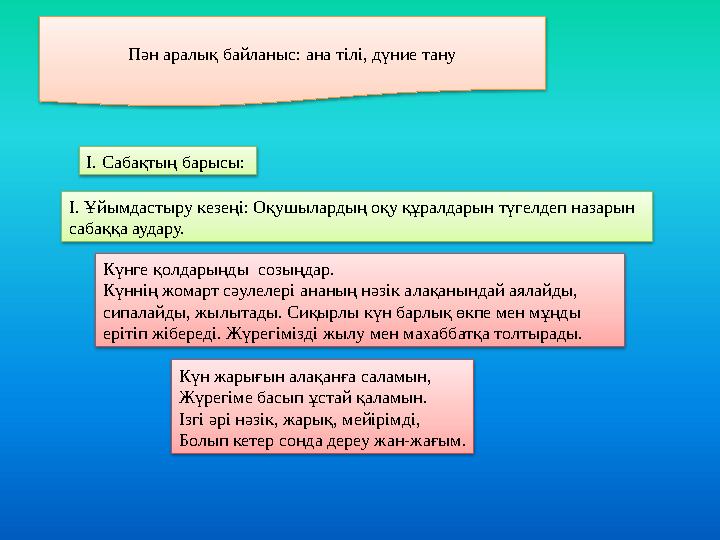 Пән аралық байланыс: ана тілі, дүние тану І. Сабақтың барысы: І. Ұйымдастыру кезеңі: Оқушылардың оқу құралдарын түгелдеп назары