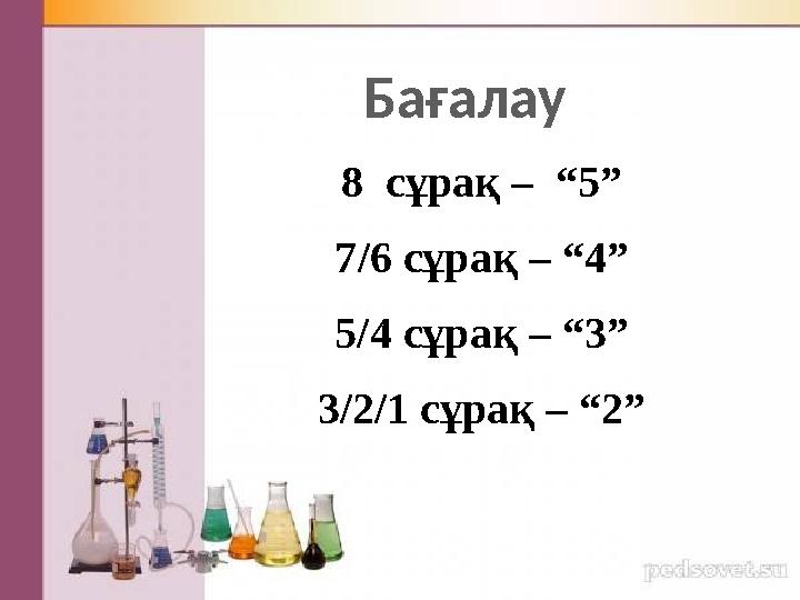 Ба ғалау 8 с ұрақ – “ 5 ” 7 /6 c ұрақ – “ 4 ” 5/4 сұрақ – “ 3 ” 3/2/1 сұрақ – “ 2 ”