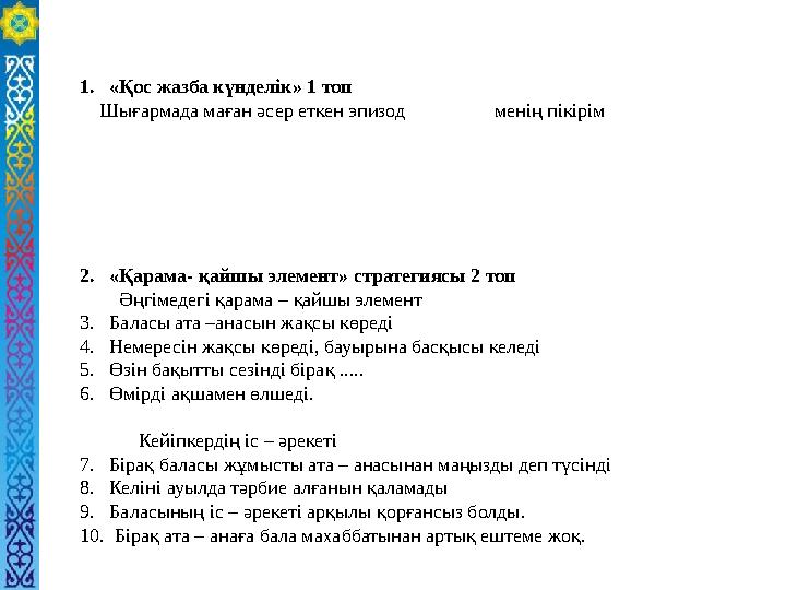 1. «Қос жазба күнделік» 1 топ Шығармада маған әсер еткен эпизод менің пікірім 2. «Қарама- қайшы элемент