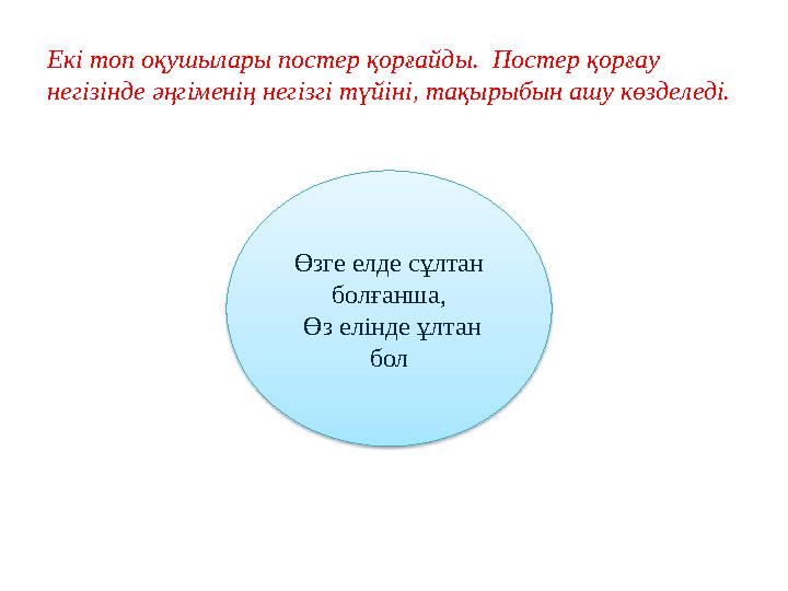 Екі топ оқушылары постер қорғайды. Постер қорғау негізінде әңгіменің негізгі түйіні, тақырыбын ашу көзделеді. Өзге елде сұлтан