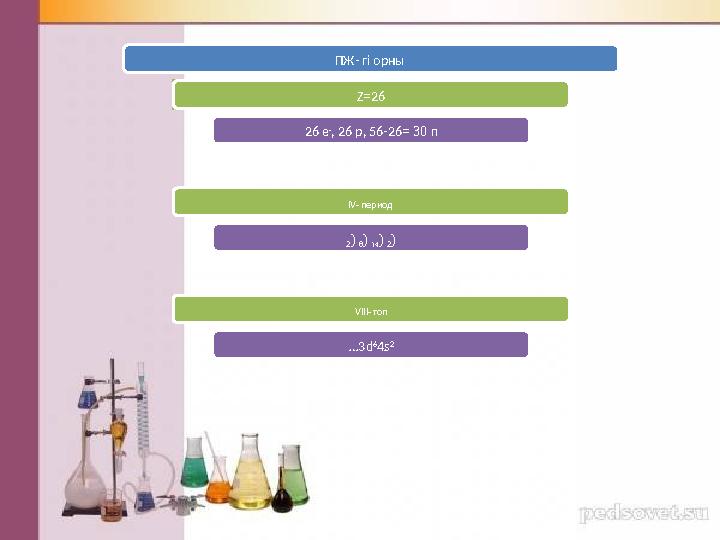 ПЖ- гі орны Z = 26 26 е - , 26 р, 56-26 = 30 n IV - период 2 ) 8 ) 14 ) 2 ) V ІІІ - топ … 3 d 6 4s 2